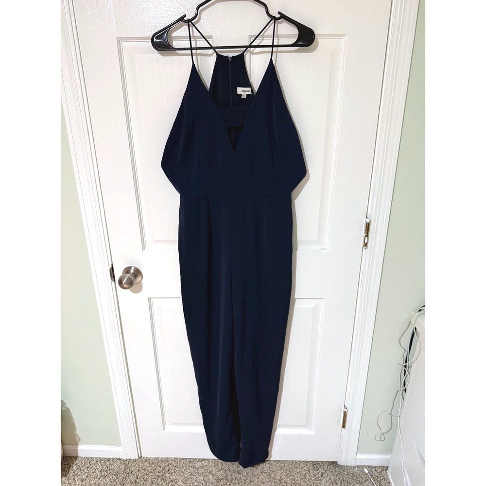 Storee Navy Blue‎ Halter Neck Cutout Jumpsuit Small Spaghetti Strap Tapered Leg